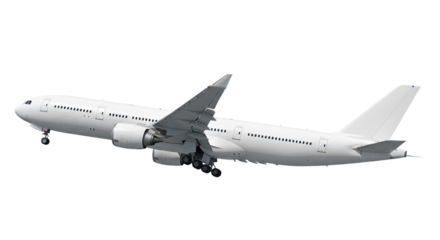 A white passenger aircraft, isolated on a transparent background, landing gear extended, rising into the air, without a logo. Travel and aviation.
