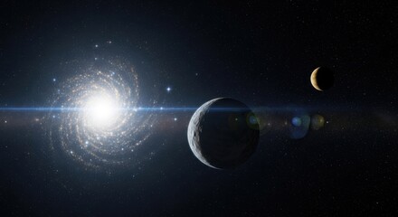 A spiral galaxy illuminates the cosmos, with two planets orbiting in the vast expanse of space, creating a breathtaking celestial scene