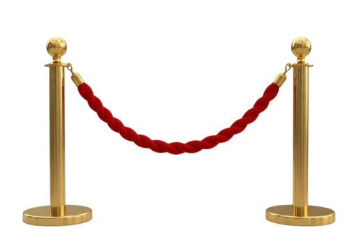 Red velvet rope suspended between gold-colored barrier posts (stanchions) on a transparent floor. Luxury, VIP, and restricted area.