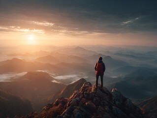 Fototapeta premium Hiker on Mountain Peak at Sunrise: Adventure and Exploration