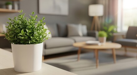 Green potted plant in a modern living room with soft natural light
