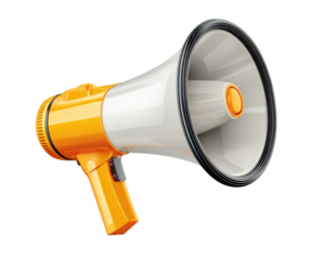 A detailed, vibrant, and realistic illustration of a yellow and white megaphone, isolated on a white background.