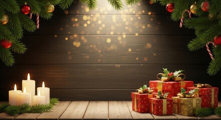 Cozy christmas scene with gifts candles and festive decorations