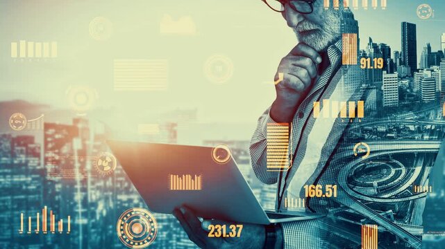 Future building construction and inventive engineering project concept with HUD hologram graphic design. Building engineer, architect people or construction worker works with modern civil technology.