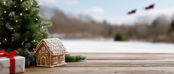 A cozy gingerbread house sits on a snowy surface, surrounded by evergreen trees and twinkling lights while a sleigh flies above