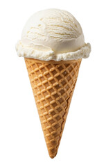A close-up studio shot of a single scoop of vanilla ice cream in a waffle cone.
