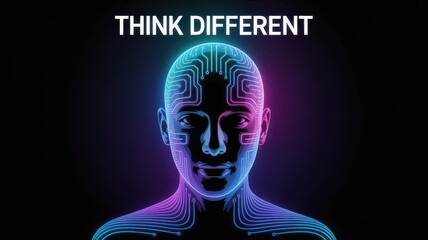 Artificial intelligence head with circuit board patterns and neon glow