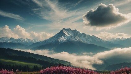 Majestic mountain landscape snow-capped peaks hills covered fog or low clouds background blue sky bright flowers foreground