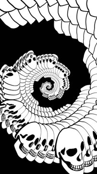 Seamless vertical video of swirl of psychedelic skulls printed drawn style cartoon. Hypnotic halloween background with marker stroke effect in black and white.