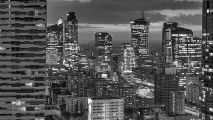 Scenic panorama of Warsaw at night captured from above showing city lights and skyline © jovannig