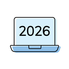 icons. 2026. a collection of minimalist icons depicting the year 2026, integrated into various themes such as documents, devices, graphics, people, communications, and technology.	
