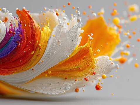 salpicadura de pintura de abajo hacia arriba en colores amarillos, blanco y naranja, desprenden gotas suspendidas en el aire, sobre fondo gris, primer plano de izquierda a derecha