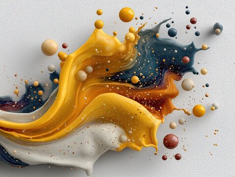 salpicadura abstracta de pintura de izquierda a derecha en colores amarillos, blanco grises, desprenden gotas suspendidas en el aire, sobre fondo gris, primer plano, arte cuadro, movimiento