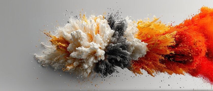 Nube creada por la explosi&oacute;n de una bomba de pintura de colores, blanco, amarillo, naranjas, grises, flotando en un espacio limpio, fondo gris claro, aislado, atraviesa la escena, evento, exposici&oacute;n
