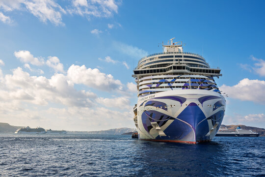Sea view of the Norwegian Viva cruise ship, a large Prima class vessel launched in 2023 carrying a maximum of 3,950 passengers, anchored at the island of Santorini, Greece, October 2 2025.