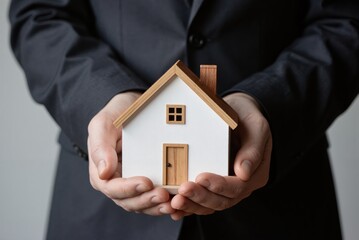 a man in a suit holding a house model