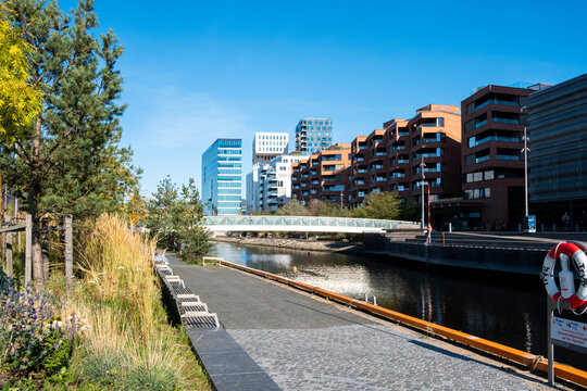 Aerial view of modern apartment buildings in the Barcode and Sorengautstikkeren areas of Oslo featuring contemporary urban design, structure and sustainable architecture development