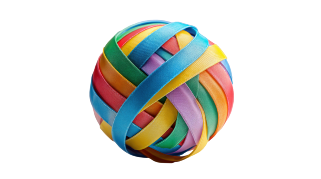 Colorful globe wrapped in ribbons on white background