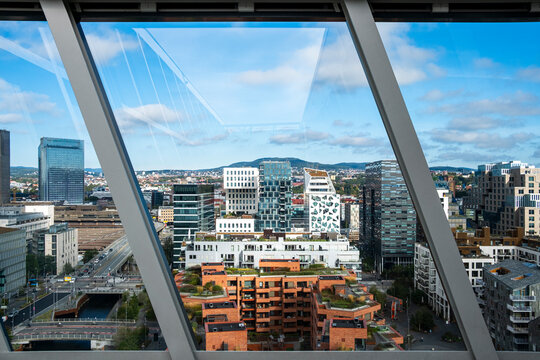 Modern architecture apartment building in the Barcode and Sorengautstikkeren districts of Oslo captured in a low angle view showing urban design, structure and sustainable development