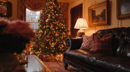 Living room scene featuring a beautifully decorated Christmas tree, elegant leather sofa, and warm ambient lighting, creating a cozy holiday atmosphere with rich textures and festive decor