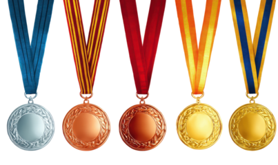 Close-up shot of five medals with different colored ribbons, representing achievement and victory.