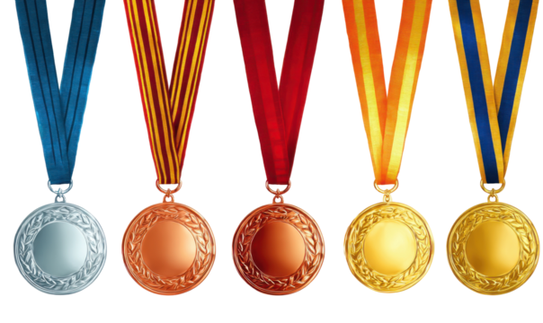 Close-up shot of five medals with different colored ribbons, representing achievement and victory.