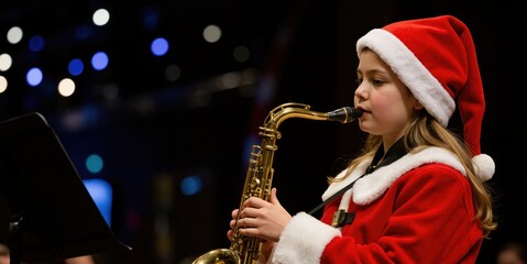 a young girl in a santa hat playing the saxophone