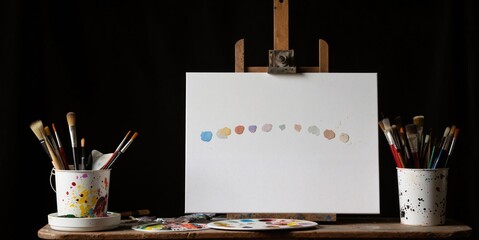 a painting on an easel with paint brushes and paint pots