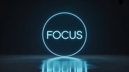 Focus neon sign glowing circle in dark room