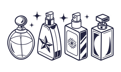 Modern Perfume Bottle Silhouette Vector Set illustration Set – Four Cosmetic Fragrance Containers on White.