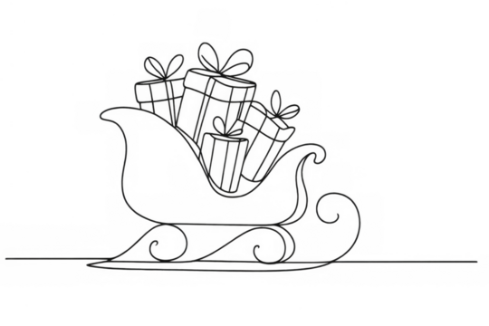 Santa's sleigh drawing with christmas gifts, continuous line art for holiday celebration and winter season design