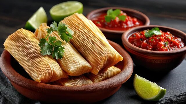 On a plate sit freshly made Mexican tamales filled with delicious ingredients, wrapped in corn husks and served with a colorful salsa, showcasing a classic and mouthwatering dish