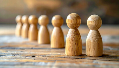 Wooden figurines on wooden surface, one figure slightly ahead representing leadership