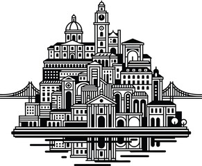 Stylized black and white cityscape with bridges and reflection