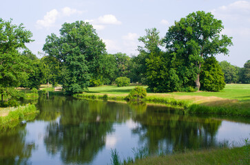 Serene park lake reflects lush green trees and blue sky