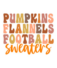 Pumpkins Flannels Football Sweaters Fall autumn typography clip art design on plain white transparent isolated background for card, shirt, hoodie, sweatshirt, apparel, tag, mug, icon, poster or badge