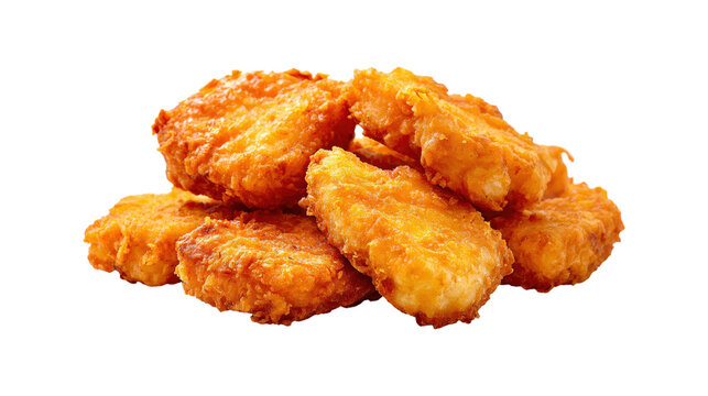 Pile of golden fried chicken nuggets isolated on a transparent background