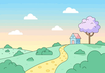 Fototapeta premium A charming cartoon landscape with a winding path leading to a small house and a purple tree on a green hill under a pastel sky.