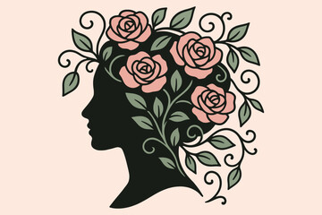 Elegant silhouette of a woman s profile adorned with blooming roses and delicate greenery