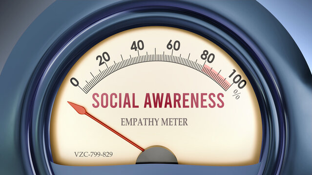 Social Awareness and Empathy Meter that hits less than zero, showing an extremely low level of social awareness, none of it, insufficient. Minimum value, lack of social awareness. ,3d illustration