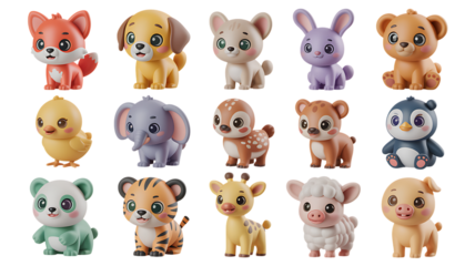 Assortment of Adorable 3D Cartoon Animal Characters on Black Background animals