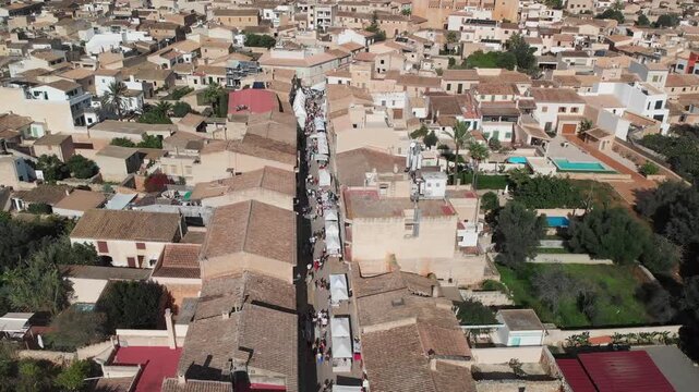 Aerial Drone View of Santany&iacute; Town and Market in Mallorca, Spain &ndash; Authentic Mediterranean Lifestyle and Local Culture