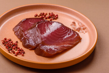 Tuna steak for sashimi or sushi, smoked fish. Tuna steak as a food background