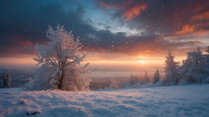 Magical winter mountain landscape solitary hoarfrost covered tree on a slope background sunset or sunrise over foggy valley and falling snow creating a charming atmosphere