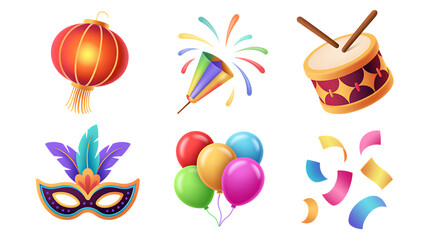 Obraz premium Festive Celebration Icons Including Lantern Drum Mask Balloons And Fireworks party