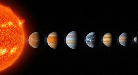 The sun and planets of our solar system are shown in a line against a black background, representing space