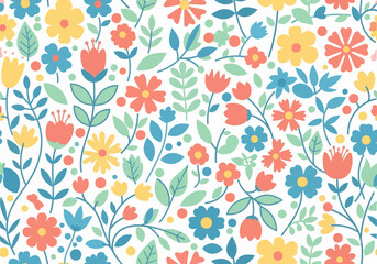A vibrant and colorful seamless pattern featuring stylized folk art flowers, leaves, and stems on a white background.