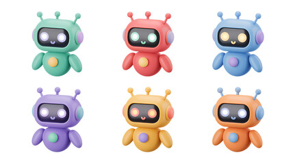 Six colorful 3D rendered robots with glowing eyes on black background android technology