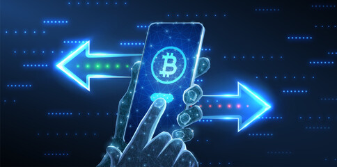 Crypto transfer. Phone in hands with bitcoin symbol and arrows. Money exchange, mobile banking, digital wallet, fast payment, send transaction, online transfer, smart pay, crypto transfer concept.

