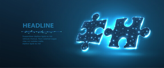 Two puzzles. Digital solution, successful collaboration, partners cooperate, implement merge, matching concept. Partnership agreement, successful business strategy, team work, company merge symbol

